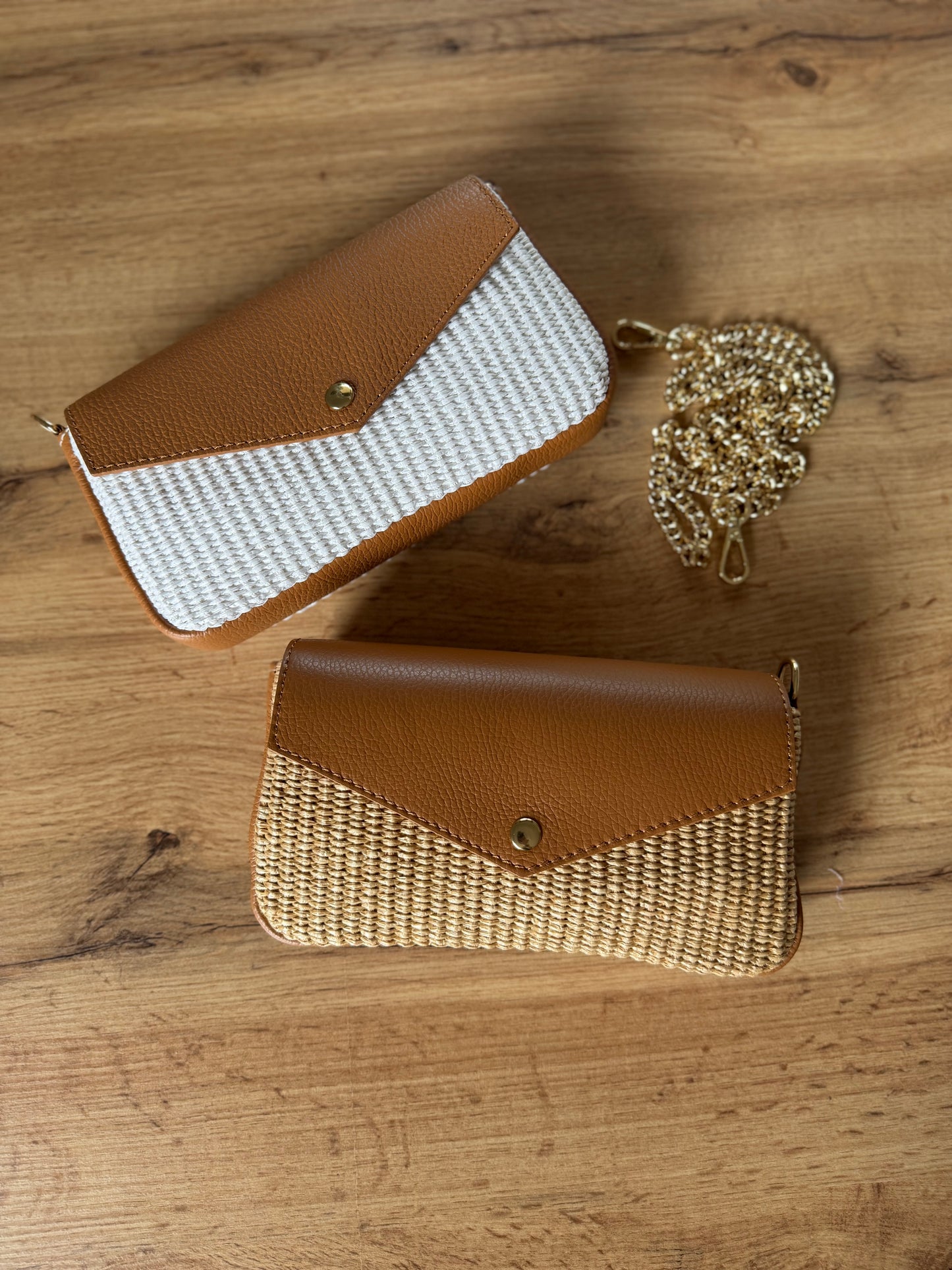Borsa pochette daisy rafia cuoio dettaglio