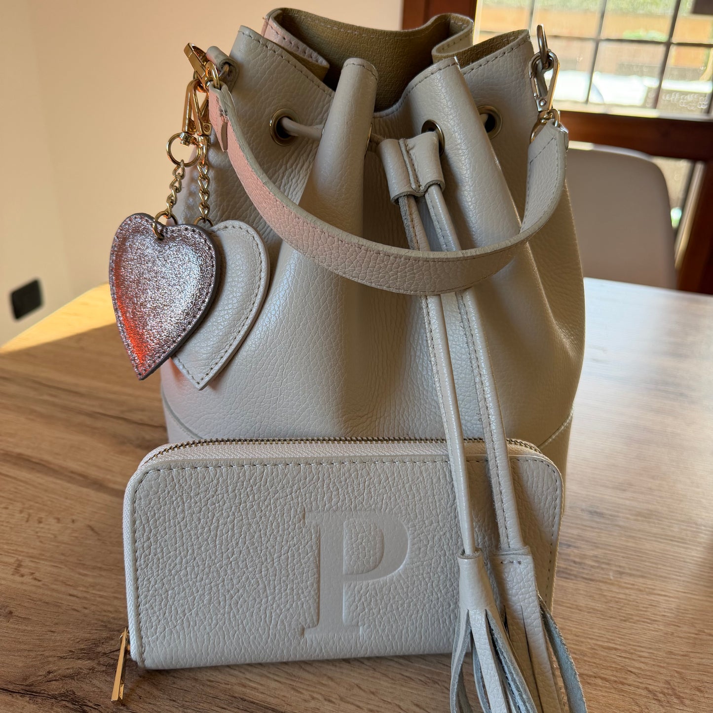Borsa secchiello grande vera pelle tracolla manico set