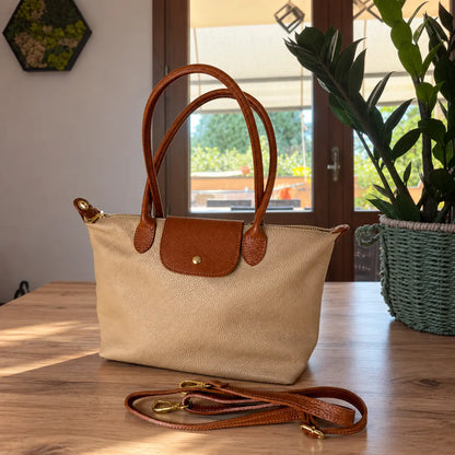 Borsa bottoncina grande vera pelle beige