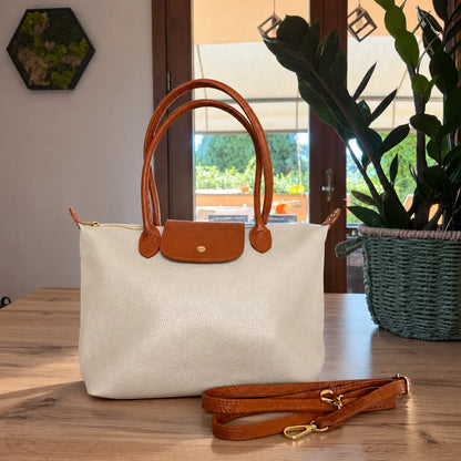 Borsa bottoncina grande vera pelle panna