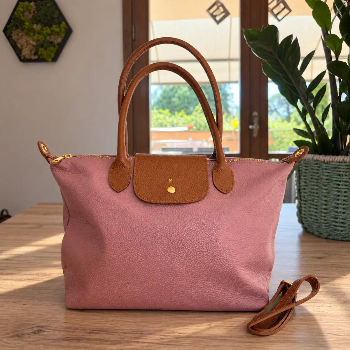 Borsa bottoncina grande vera pelle rosa antico