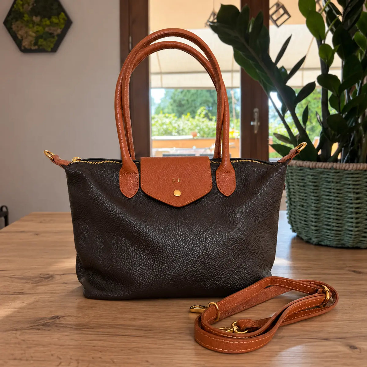 Borsa bottoncina grande vera pelle testa di moro
