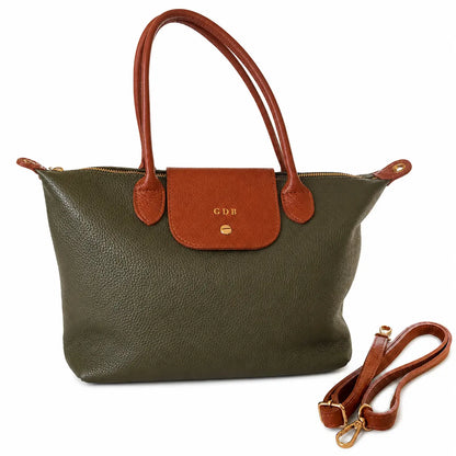 Borsa bottoncina grande vera pelle verde militare