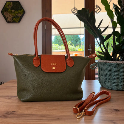 Borsa bottoncina grande vera pelle verde militare