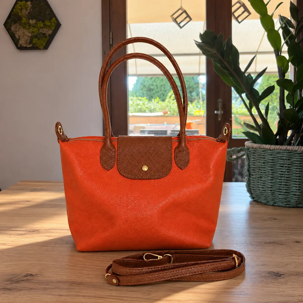 Borsa bottoncina grande vera pelle zucca