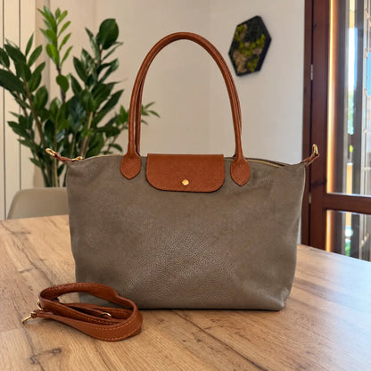 Borsa bottoncina maxi vera pelle taupe