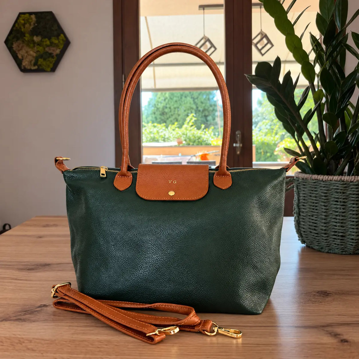 Borsa bottoncina maxi vera pelle verde bosco