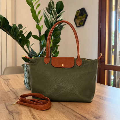 Borsa bottoncina maxi vera pelle verde militare