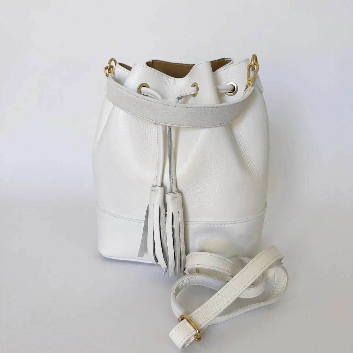 Borsa secchiello grande vera pelle tracolla manico Bianca