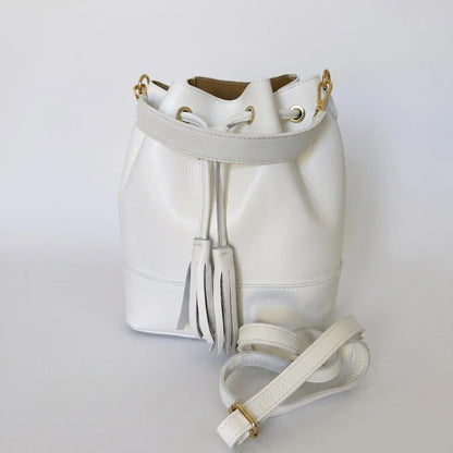 Borsa secchiello grande vera pelle tracolla manico Bianca