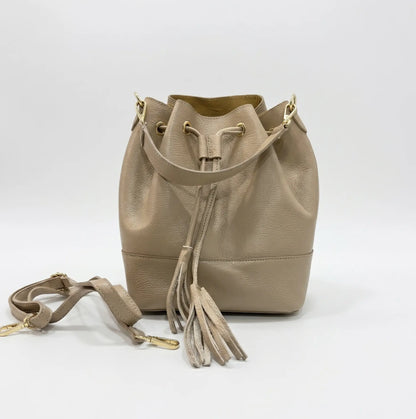 Borsa secchiello grande vera pelle tracolla manico beige