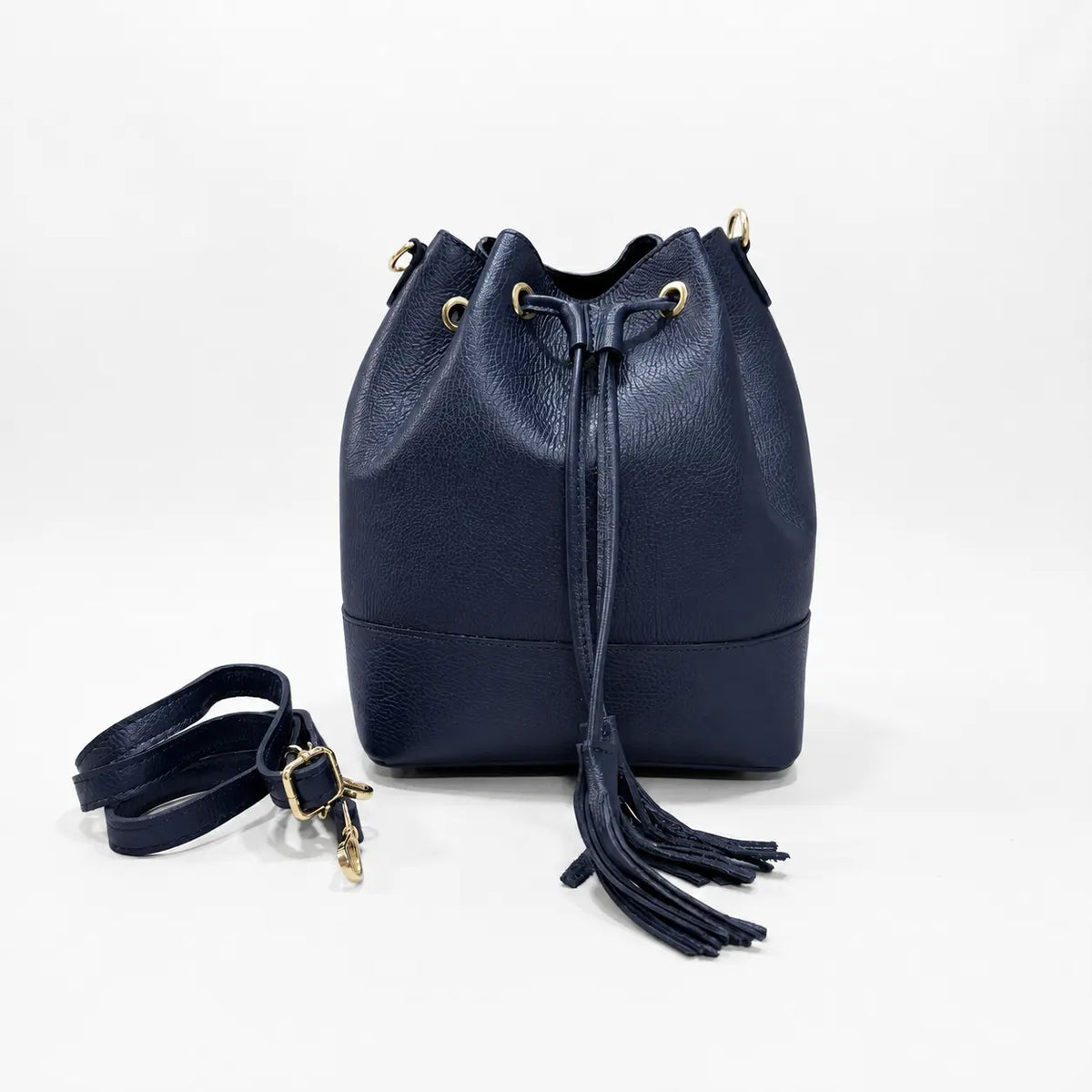 Borsa secchiello grande vera pelle tracolla manico blu