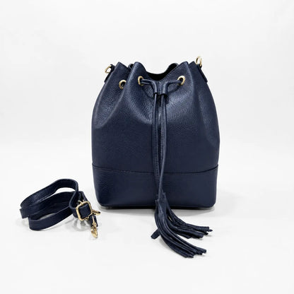 Borsa secchiello grande vera pelle tracolla manico blu