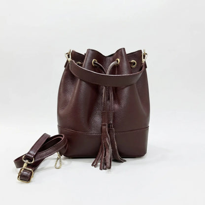 Borsa secchiello grande vera pelle tracolla manico bordeaux