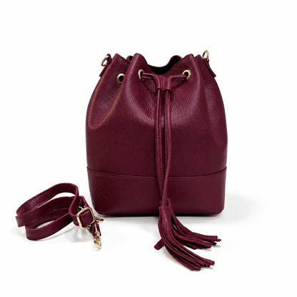 Borsa secchiello grande vera pelle tracolla manico borgogna