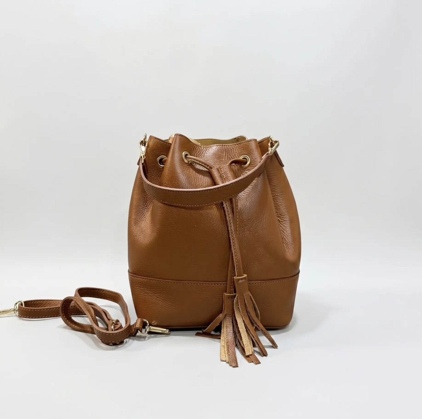 Borsa secchiello grande vera pelle tracolla manico cuoio