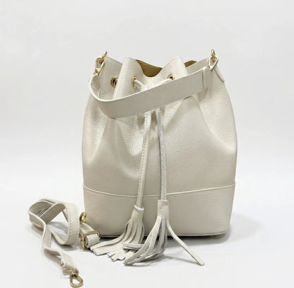 Borsa secchiello grande vera pelle tracolla manico panna