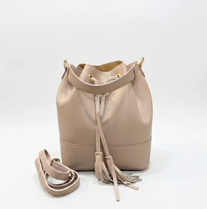 Borsa secchiello grande vera pelle tracolla manico rosa cipria