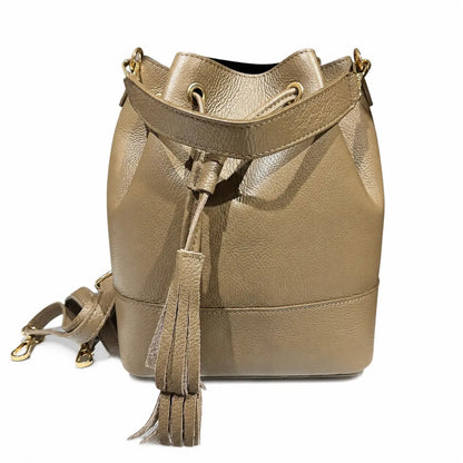 Borsa secchiello grande vera pelle tracolla manico taupe