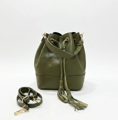 Borsa secchiello grande vera pelle tracolla manico verde militare