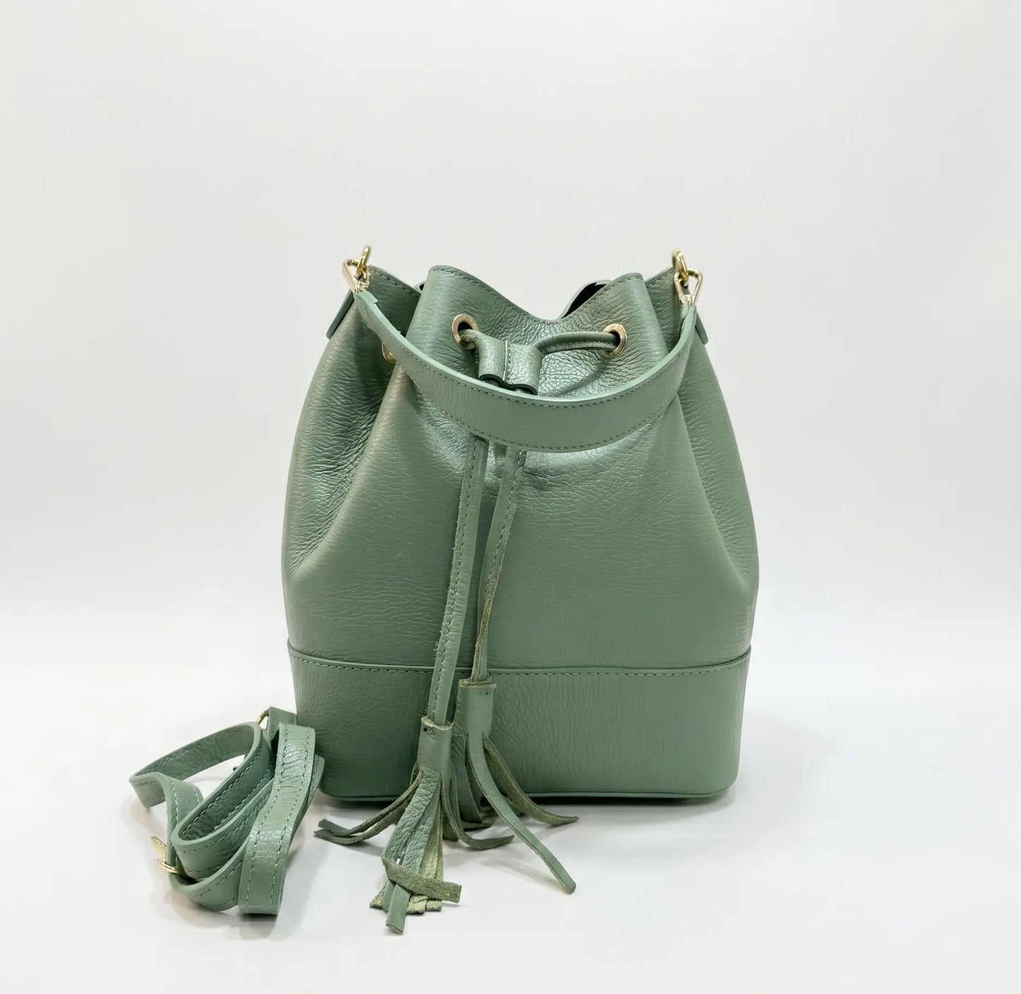 Borsa secchiello grande vera pelle tracolla manico verde salvia