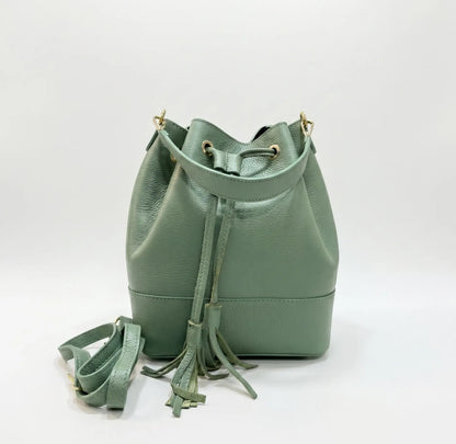 Borsa secchiello grande vera pelle tracolla manico verde salvia