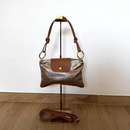 Borsa tracolla bottoncina anelli pelle bicolore bronzo cuoio