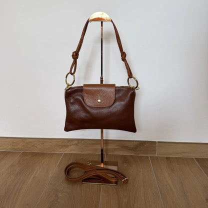 Borsa tracolla bottoncina anelli pelle bicolore cioccolato cuoio