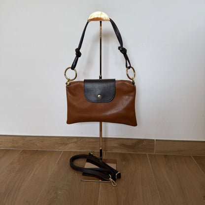 Borsa tracolla bottoncina anelli pelle bicolore cuoio testa di moro