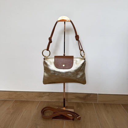 Borsa tracolla bottoncina anelli pelle bicolore oro cuoio