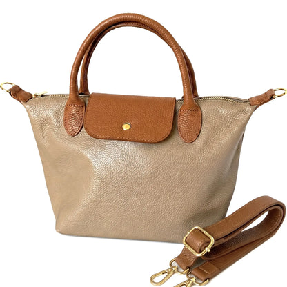 Borsa tracolla mano bottoncina media pelle bicolore beige cuoio