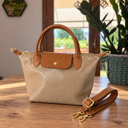 Borsa tracolla mano bottoncina media pelle bicolore beige cuoio
