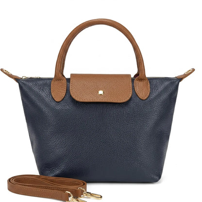 Borsa tracolla mano bottoncina media pelle bicolore blu cuoio