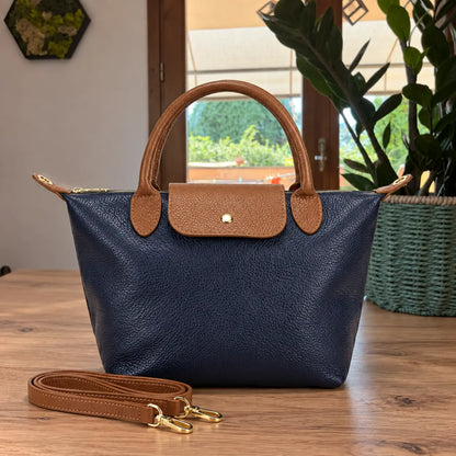 Borsa tracolla mano bottoncina media pelle bicolore blu cuoio