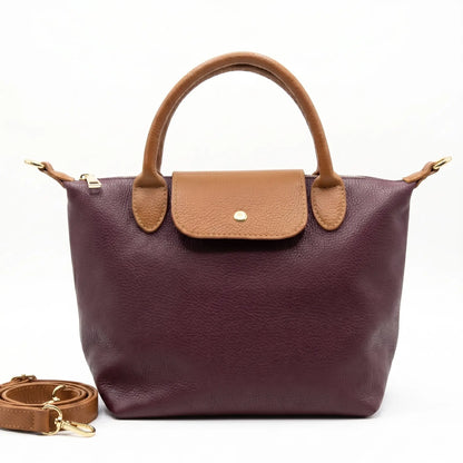 Borsa tracolla mano bottoncina media pelle bicolore bordeaux cuoio