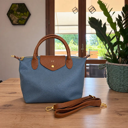 Borsa tracolla mano bottoncina media pelle bicolore carta dazucchero cuoio