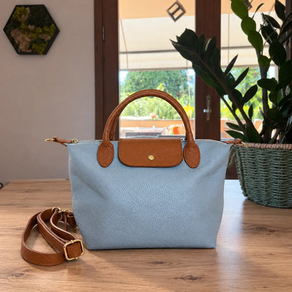 Borsa tracolla mano bottoncina media pelle bicolore celeste cuoio