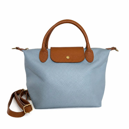 Borsa tracolla mano bottoncina media pelle bicolore celeste cuoio