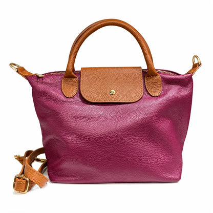 Borsa tracolla mano bottoncina media pelle bicolore ciliegia cuoio