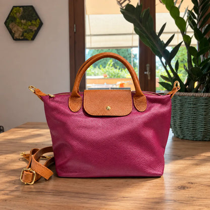 Borsa tracolla mano bottoncina media pelle bicolore ciliegia cuoio