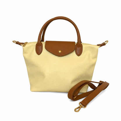 Borsa tracolla mano bottoncina media pelle bicolore gialla cuoio