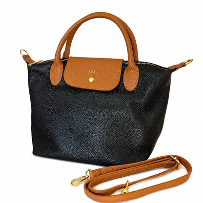 Borsa tracolla mano bottoncina media pelle bicolore nero cuoio