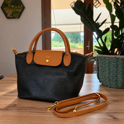 Borsa tracolla mano bottoncina media pelle bicolore nero cuoio