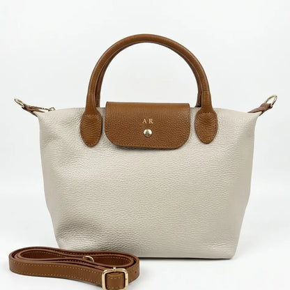 Borsa tracolla mano bottoncina media pelle bicolore panna cuoio