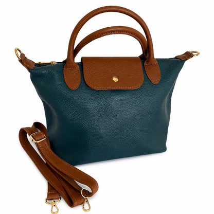 Borsa tracolla mano bottoncina media pelle bicolore petrolio cuoio