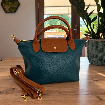 Borsa tracolla mano bottoncina media pelle bicolore petrolio cuoio