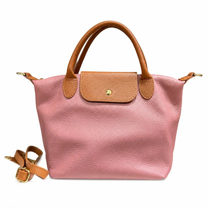 Borsa tracolla mano bottoncina media pelle bicolore rosa antico cuoio
