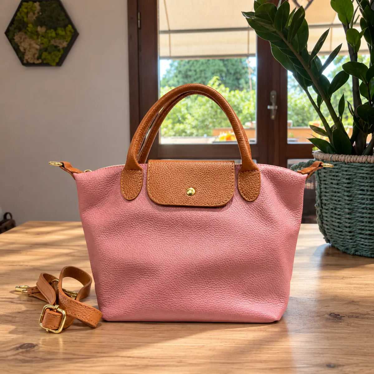 Borsa tracolla mano bottoncina media pelle bicolore rosa antico cuoio
