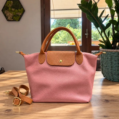 Borsa tracolla mano bottoncina media pelle bicolore rosa antico cuoio