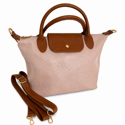 Borsa tracolla mano bottoncina media pelle bicolore rosa cipria cuoio